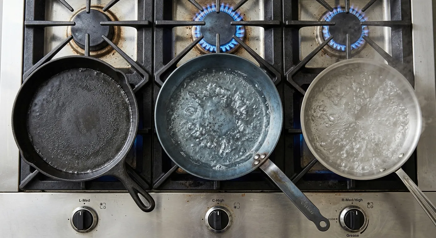 An overhead, slightly angled photograph shows three distinct metal pans on a six-burner gas range, each heating a pool of water at different stages. On the left, a matte black cast iron skillet contains water just beginning to simmer at the edges. In the center, a blue-gray carbon steel saute pan holds water at a rolling boil. On the right, a stainless steel skillet with a riveted handle contains water at an aggressive, full boil. The stainless steel stove features cast iron grates with cobalt blue flames visible beneath each pan, and control knobs labeled with heat settings at the bottom.