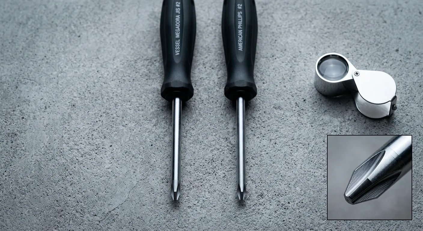 A top-down macro photograph on a cool-gray, matte concrete surface featuring two cross-point screwdrivers positioned side by side. The driver on the left is a Vessel Megadora JIS #2, and the driver on the right is an American Phillips #2, both with matte black handles and chrome steel tips. To the right of the screwdrivers, a jeweler's loupe rests on the concrete, slightly out of focus. A small, square inset frame at the bottom-right shows an extreme close-up of the JIS driver's tip, highlighting the precise, tight flank geometry of the metal. The image uses editorial, directional lighting to emphasize textures and materials.