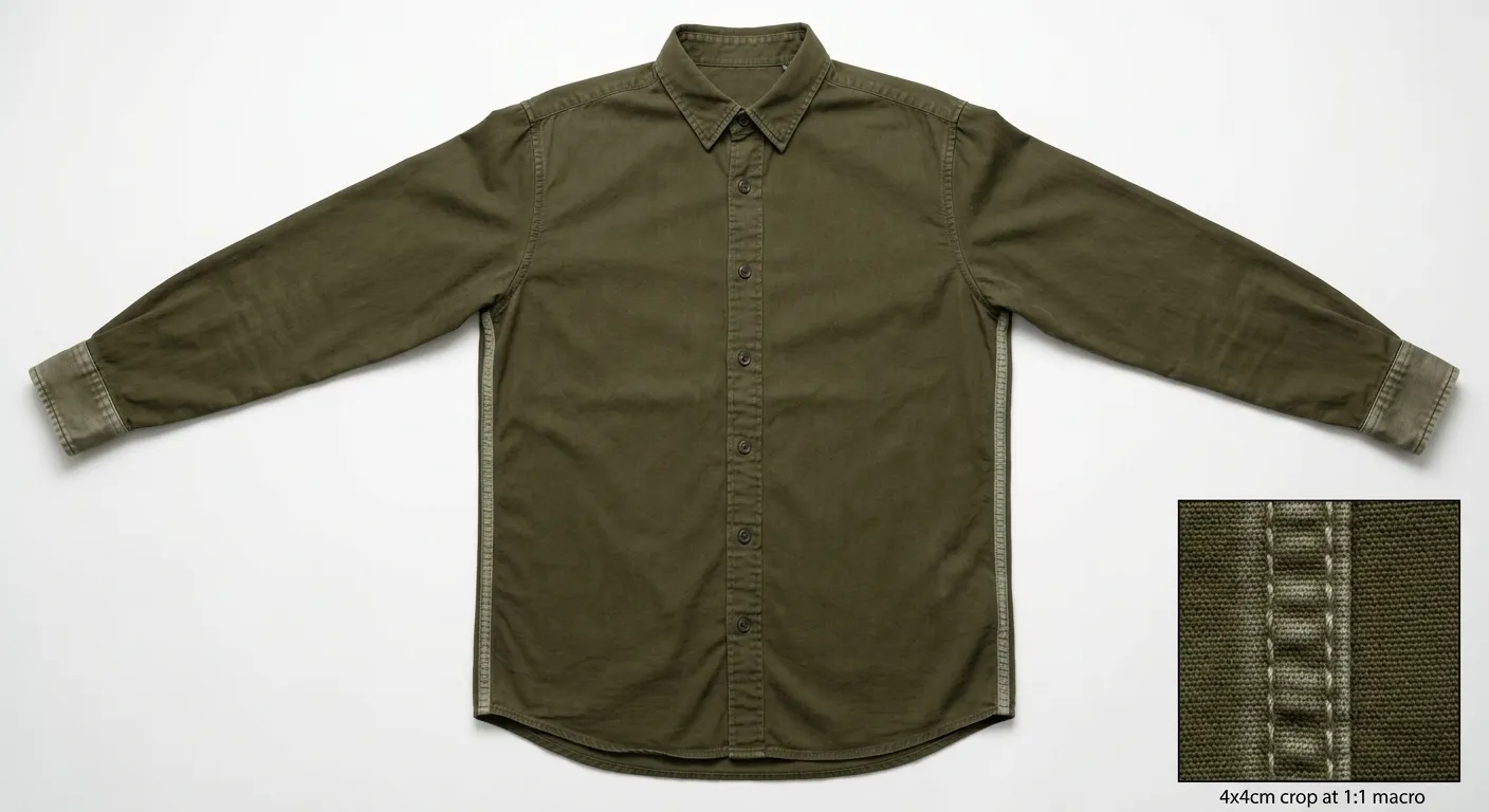 An overhead photograph shows a garment-dyed olive green cotton long-sleeve shirt laid completely flat for inspection on a matte white background. The main shirt body displays a deep olive tone, while the side seams and cuff folds appear significantly lighter where the fabric or thread resisted the dye process. In the bottom right corner, a square inset box features a 1:1 macro close-up labeled "4x4cm crop at 1:1 macro", detailing the light-colored stitching of a seam junction contrasted against the adjacent dark green woven fabric.