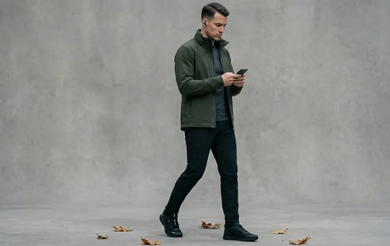A full-length, eye-level photograph of a man walking from left to right against a minimalist, solid gray concrete wall and floor. He wears a sleek, modern "gorpcore" outfit consisting of a fitted, matte olive-green technical jacket with a high collar, a dark gray t-shirt, and slim-fitting, tapered black technical pants. On his feet are low-profile, black technical sneakers. He has short, styled dark hair and is looking down at a smartphone held in both hands. A few scattered, dry brown autumn leaves rest on the ground around his feet, adding a subtle texture to the otherwise clean, industrial setting.