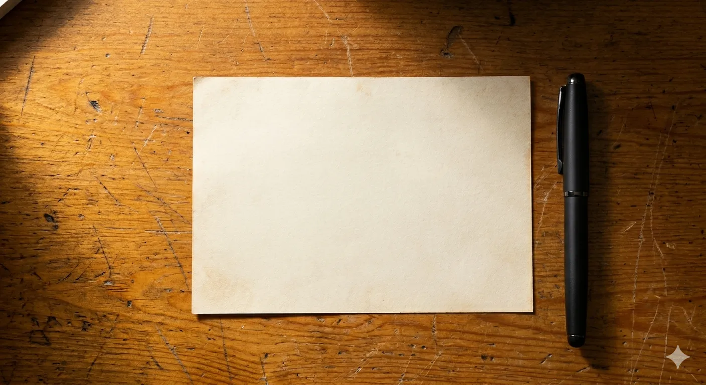 An overhead shot captures a single sheet of blank, aged cream-colored paper resting flat on a worn wood desk. The desk features a prominent warm amber grain with visible scratches and texture across its surface. To the right of the paper sits a matte black pen, aligned vertically. Strong, hard directional light streams in from the upper left corner, casting distinct shadows toward the right and leaving the bottom right portion of the desk in darkness, with no fill light to soften the contrast.