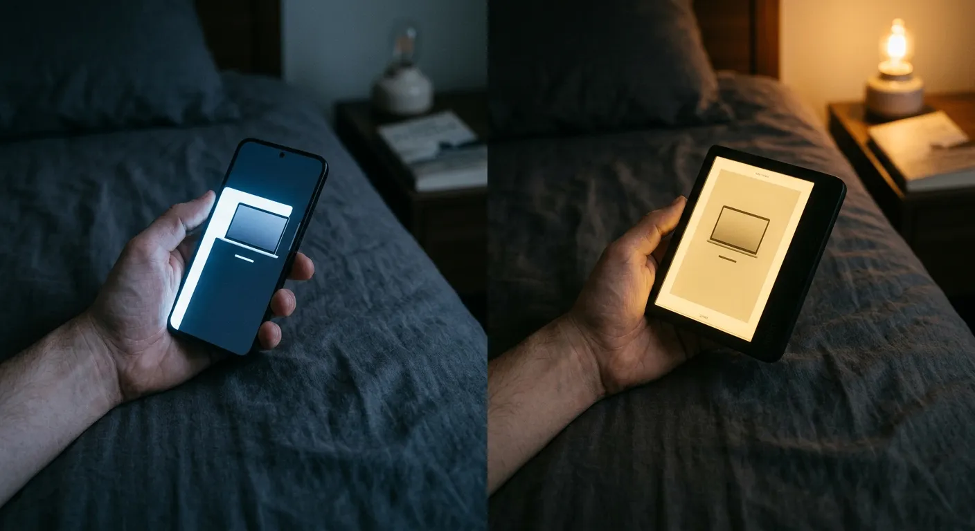 A split-frame photograph shows a side-by-side comparison of reading at dusk in a dark bedroom. On the left, a hand holds a smartphone, its screen emitting a bright, cool-toned blue-white light that illuminates the surrounding hand and bedsheets. On the right, the same hand holds a Kobo e-reader, which features a warm-amber front-lit screen that appears more like a soft, reflective surface. The background of both images is identical, featuring a dark linen bedsheet, a small lamp with a warm incandescent glow, and a book on a nightstand.