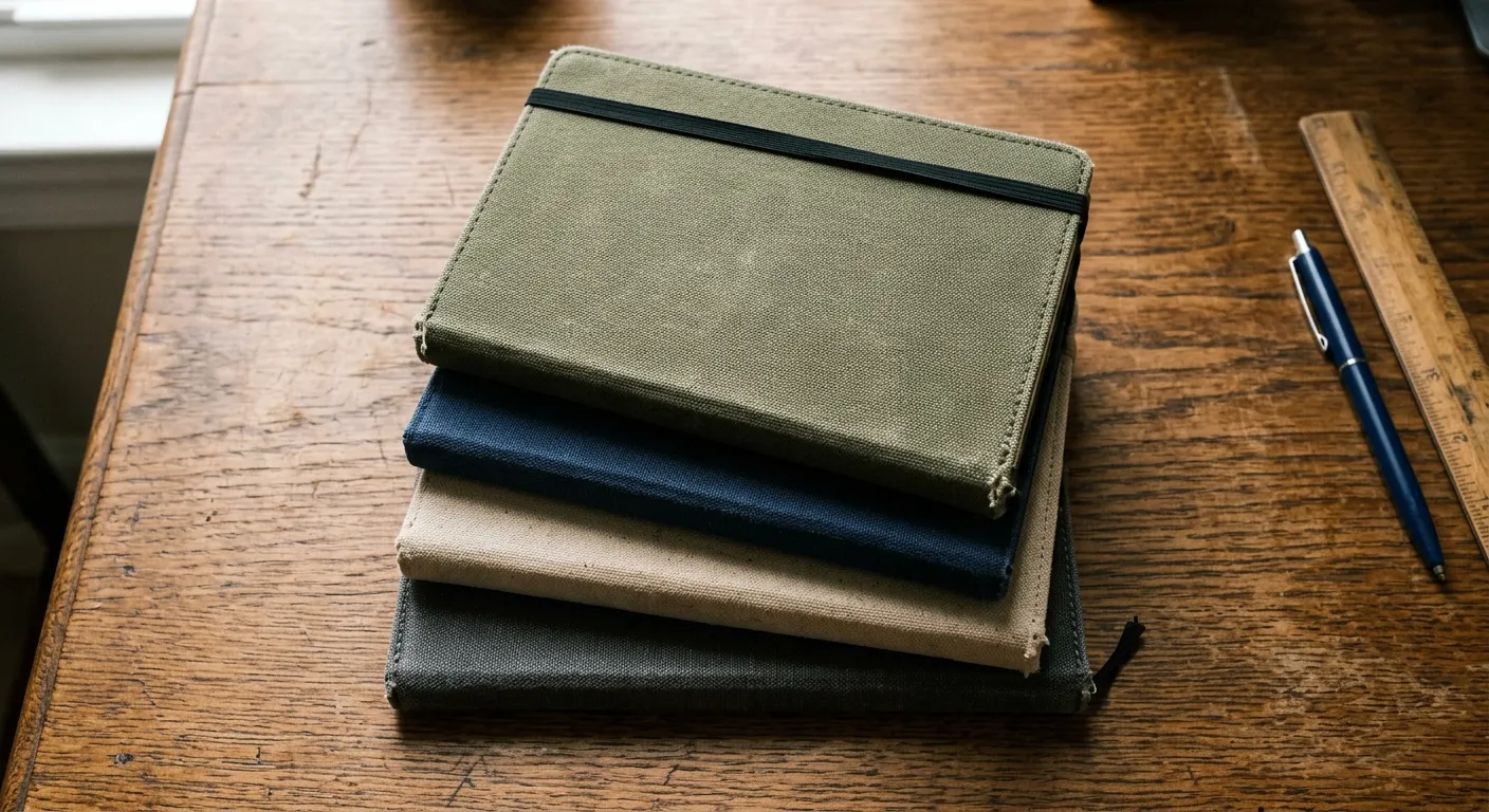 A stack of four rectangular notebooks with canvas covers in olive green, navy blue, beige, and dark gray rests face down on a textured wooden desk. A blue pen and a wooden ruler lie on the desk surface to the right of the notebooks. The top olive notebook has a black elastic band stretched across it.