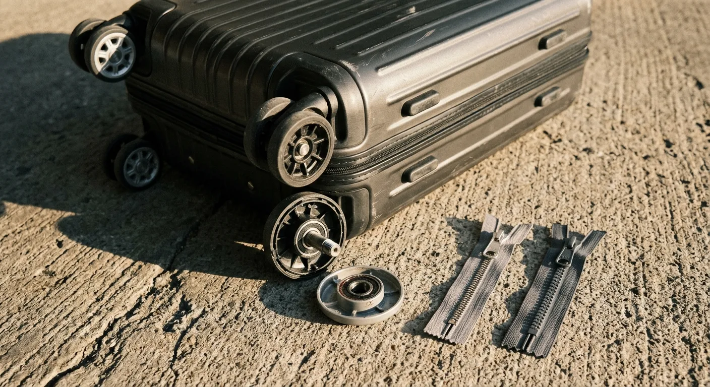 An editorial photograph featuring a charcoal grey polycarbonate hardshell suitcase lying on its side on rough urban concrete. The luggage's wheel assembly is directed toward the camera; one wheel is partially disassembled with its hub cap resting on the concrete, exposing the axle stub and a bearing insert. To the right of the bag, two YKK zipper segments are laid out: a coil zipper on the left and a molded-tooth zipper on the right, both showing distinct tooth geometry. The scene is captured in warm late-afternoon sunlight, creating hard, raking shadows across the concrete texture.