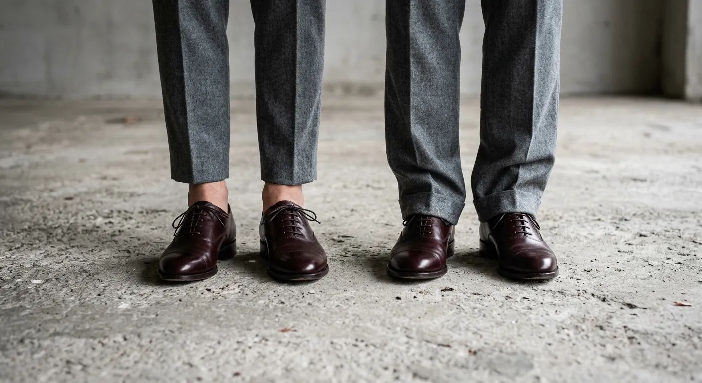 An eye-level, close-up photograph focuses on two pairs of legs from the mid-shin down, standing side-by-side on a light-colored, textured raw concrete floor. The image illustrates a direct contrast between two trouser hem lengths using identical clothing.  The pair of legs on the left showcases a no-break hem. The mid-grey wool trousers are cleanly tailored to end precisely at the ankle bone, leaving the ankles fully exposed. They sit neatly above dark, oxblood leather cap-toe Oxford shoes with dark laces.  The pair of legs on the right showcases a full-break hem. The identical mid-grey wool trousers are cut significantly longer, causing the fabric to pool heavily around the ankles and over the tops of the matching oxblood leather Oxford shoes, partially obscuring the shoe laces and toe caps.  The lighting is flat, even, and diffused, coming from directly above to eliminate harsh shadows. The background is a minimalist, plain grey concrete wall, keeping the entire focus on the fit of the trousers and shoes.