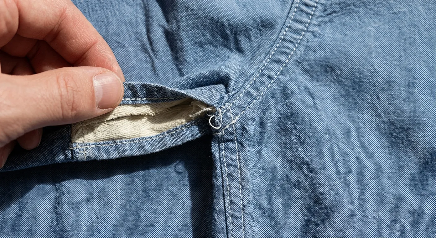 An extreme close-up, overhead photograph shows a person's left hand holding open the underarm seam of a washed mid-blue cotton Oxford shirt to inspect the construction. The shirt fabric is heavily textured with a visible basketweave pattern and small wrinkles near the seams. The hand pulls back a portion of the blue fabric, revealing an off-white, durable felled seam allowance underneath. The stitching throughout is done with a white thread, appearing highly defined and distinct against the blue fabric. At the junction where the vertical and horizontal seams intersect, a single loose, looped white thread is visible, indicating slight wear at a stress point. A single hard light source from above casts sharp, distinct shadows from the threads and fabric folds, emphasizing the geometry and density of each stitch.