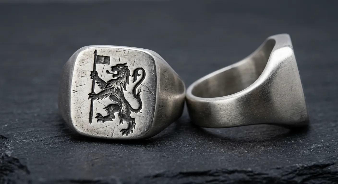 An image of a single sterling silver signet ring with an oval face resting on a dark, textured slate surface. The ring is shot from a low 20-degree angle using a macro lens, focusing closely on the intaglio engraving of a lion holding a banner. The engraving features visible, raw tool marks and dark oxidation inside the crevices. The face of the ring fills the left portion of the frame, while the smooth, matte-finished shank curves out toward the right edge. Strong directional light enters from the left, casting sharp highlights across the engraved details and creating a soft shadow to the right of the ring.