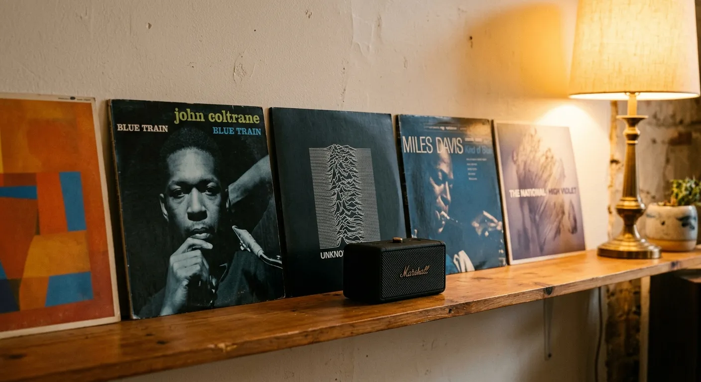 A horizontal, eye-level photograph captures a narrow, warm amber wooden shelf running across the frame against a textured, off-white wall. Five vinyl record sleeves stand upright, leaning against the wall. From left to right, the visible covers feature a bright orange and blue abstract design, John Coltrane's Blue Train, Joy Division's Unknown Pleasures, Miles Davis's Kind of Blue, and The National's High Violet. A small, matte black Marshall Bluetooth speaker rests on the shelf in front of the Joy Division cover. On the far right, a brass table lamp with a cream fabric shade casts a warm, golden glow across the scene, creating soft shadows and highlighting the texture of the wall.