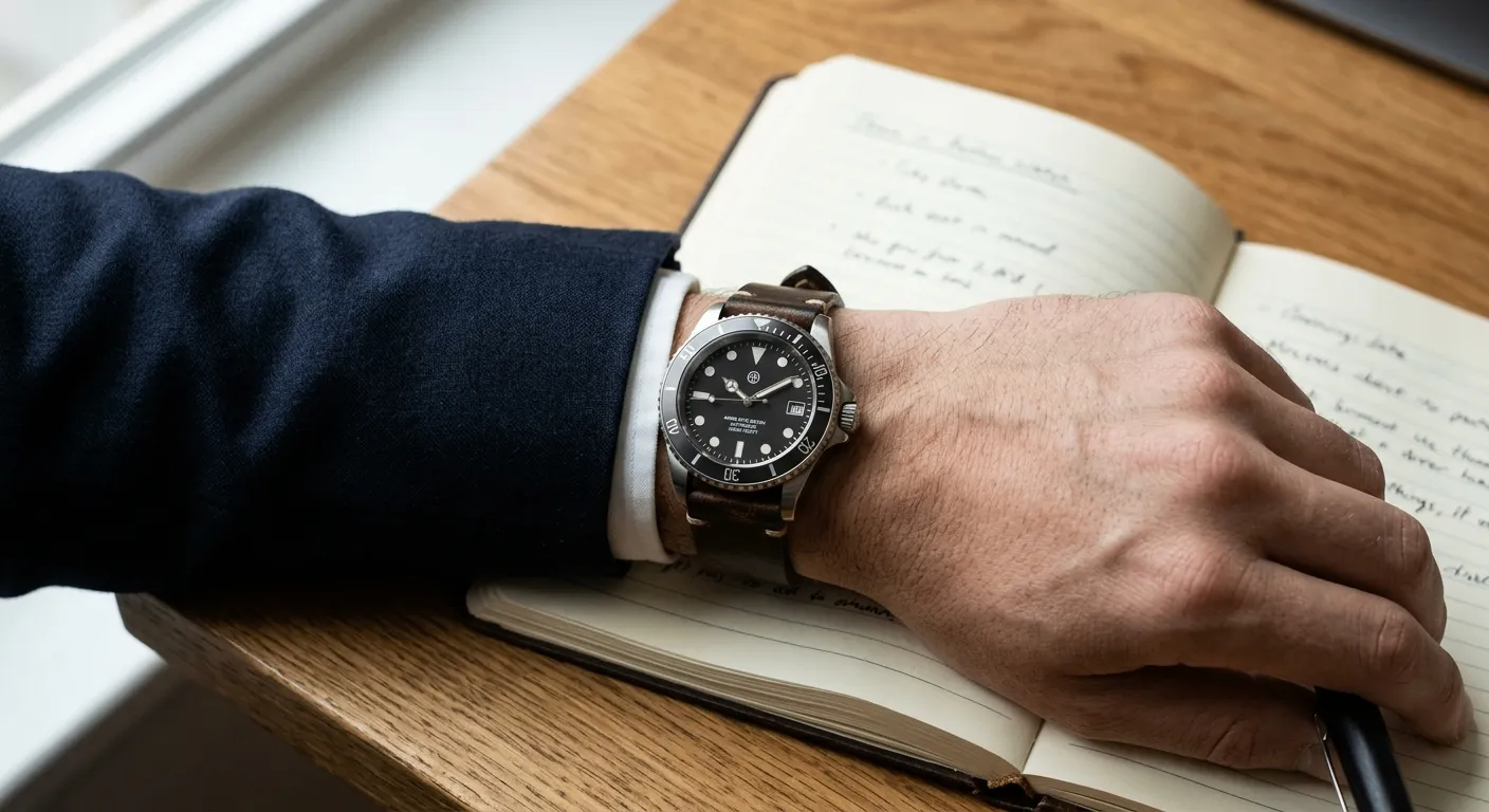 A close-up photograph from a 35-degree angle above shows a man's wrist resting on an open hardcover notebook with warm cream pages, situated on a wooden desk. On the wrist is a 40mm brushed steel dive watch featuring a matte black dial and a dark brown leather strap. A dark navy wool suit jacket sleeve is visible, with the white shirt cuff resting naturally against the wrist. The scene is illuminated by soft, diffused window light coming from the left, highlighting the textures of the fabric, leather, and wood without creating glare on the watch crystal.