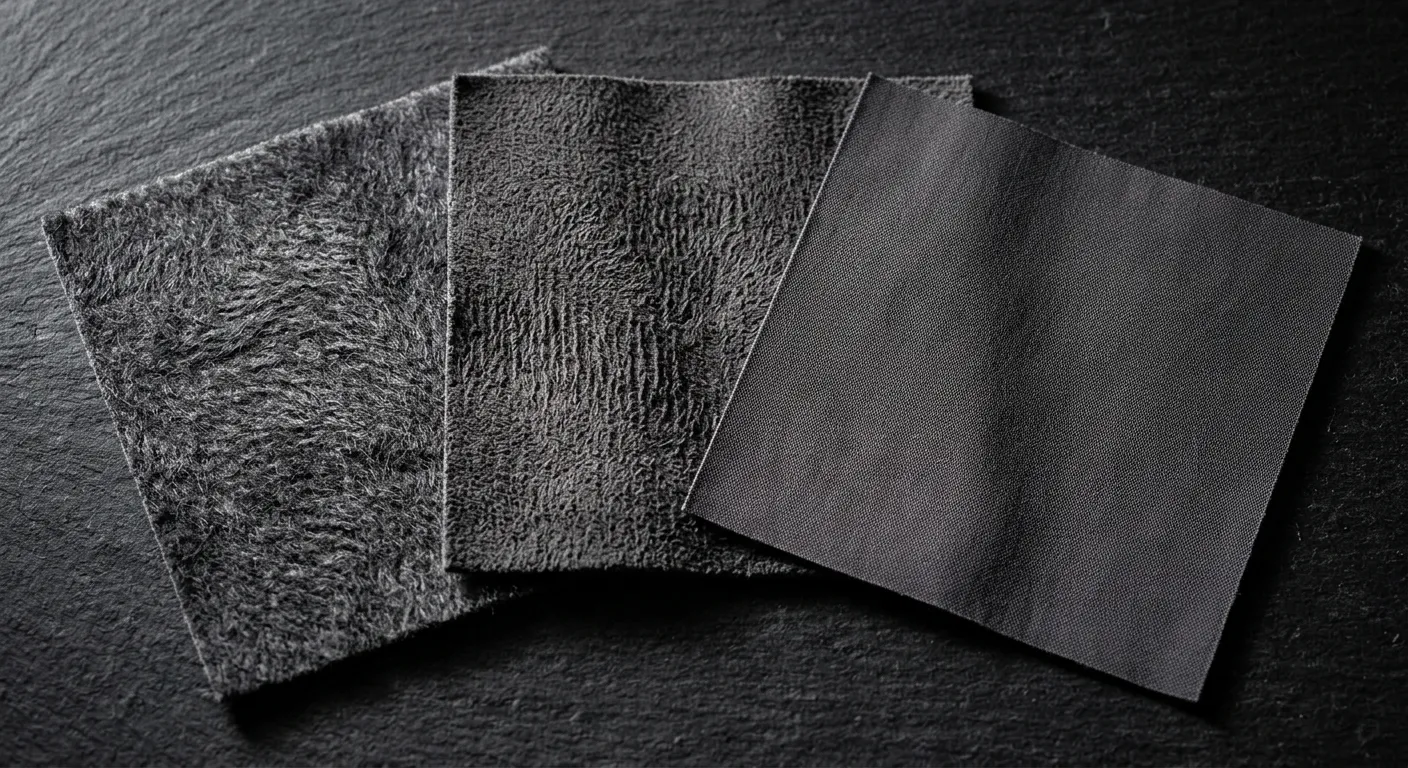 An overhead macro photograph captures three overlapping, 20-centimeter square fabric swatches arranged in a shallow fan on a dark slate surface, all rendered in an identical charcoal gray tone. From left to right, the swatches display distinct textures emphasized by a hard, low-angle light source from the left. The left swatch is a heavy brushed wool flannel with a pronounced, fibrous nap running horizontally. The center swatch is a rough suede with a dense, textured nap running vertically, perpendicular to the wool. The right swatch is a smooth, tautly woven cotton poplin showcasing a fine, uniform grid pattern. The raking light casts distinct micro-shadows across the varying surfaces, highlighting the tactile differences between the fibrous wool, the rugged suede, and the matte, flat cotton against the subtly textured slate background.