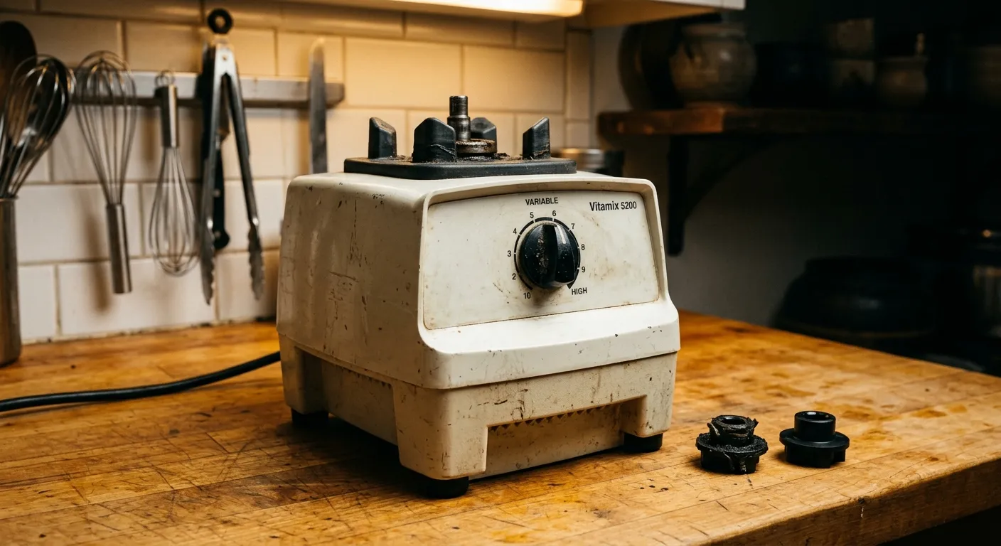 An eye-level photograph of an aged, off-white Vitamix 5200 blender base sitting on a well-worn wooden butcher-block countertop. The blender container is removed, exposing the drive socket and motor spindle on top of the base. On the counter to the right of the blender, two black drive socket couplings are placed side-by-side, one showing visible wear and the other appearing new. The background features a white tiled kitchen backsplash, hanging wire whisks, and warm ambient lighting.