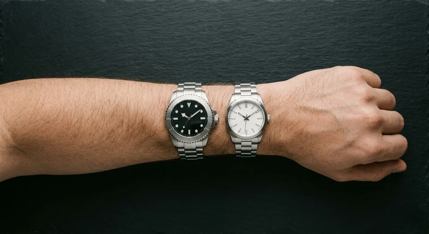 An overhead, top-down shot of a bare male forearm resting flat on a matte black slate surface. Two stainless steel watches are positioned on the wrist. The watch on the left is larger, with its lugs extending past the edges of the wrist. The watch on the right is smaller, with its lugs contained entirely within the width of the wrist. The lighting is soft and even, with no harsh shadows.