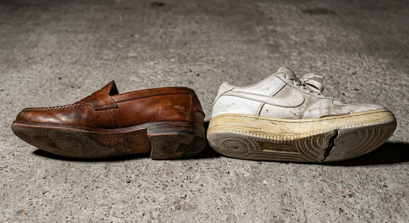A close-up, low-angle shot of a worn dark tan leather penny loafer and a severely damaged white sneaker placed heel-to-heel on a raw concrete surface, lit by a single harsh light from the left.